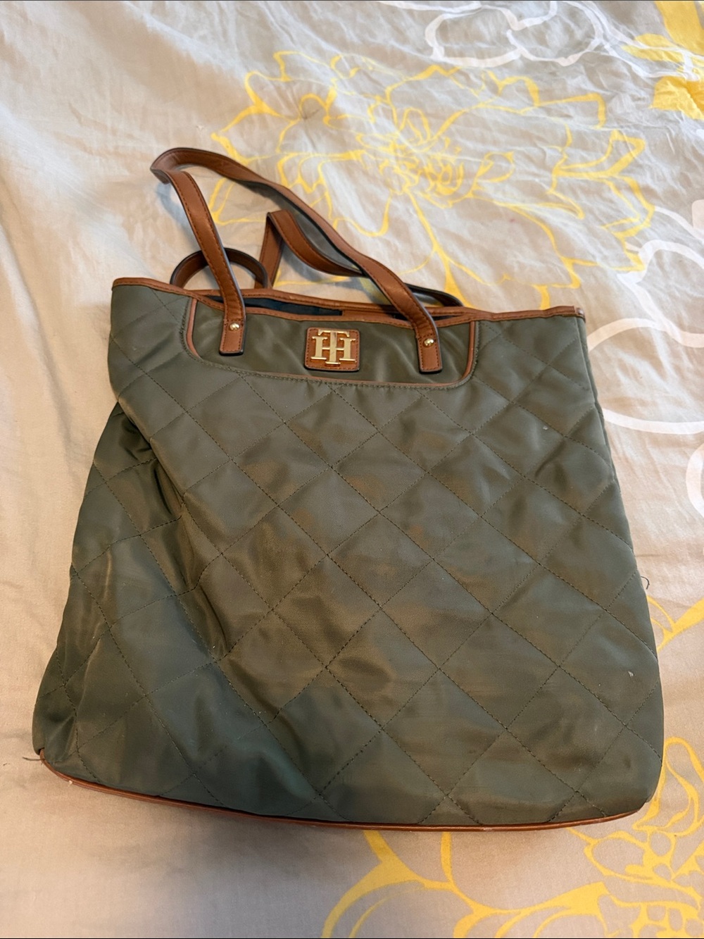 Tommy Hilfiger Quilted Olive Tote with Brown Trim